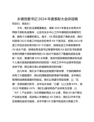 乡镇党委书记2024年度表彰大会讲话稿