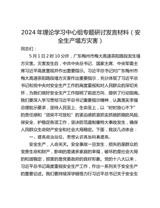 2024年理论学习中心组专题研讨发言材料（安全生产塌方灾害）