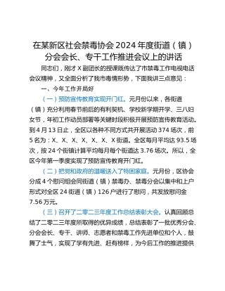 在某新区社会禁毒协会2024年度街道（镇）分会会长、专干工作推进会议上的讲话