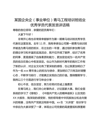某国企央企（事业单位）青马工程培训班结业优秀学员代表发言讲话稿