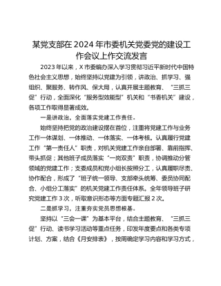某党支部在2024年市委机关党委党的建设工作会议上作交流发言