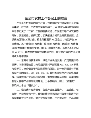 在全市农村工作会议上的发言