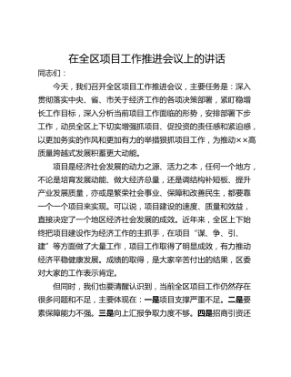 在全区项目工作推进会议上的讲话