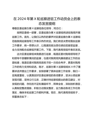 在2024年第X轮巡察进驻工作动员会上的表态发言提纲