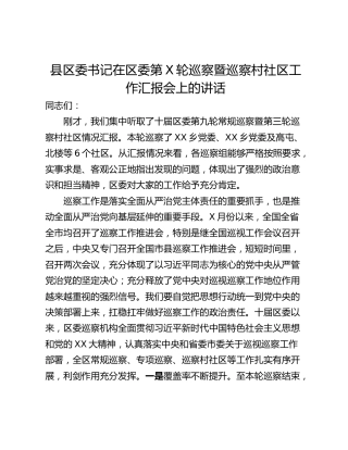 县区委书记在区委第X轮巡察暨巡察村社区工作汇报会上的讲话