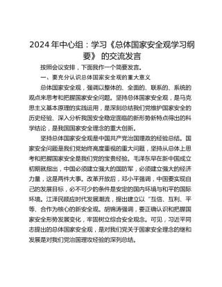 2024年中心组：学习《总体国家安全观学习纲要》 的交流发言