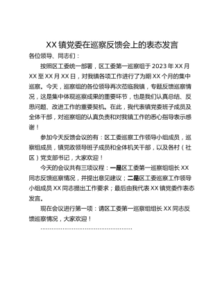 XX镇党委在巡察反馈会上的表态发言