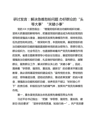 研讨发言：解决急难愁盼问题 办好群众的“头等大事”“关键小事”