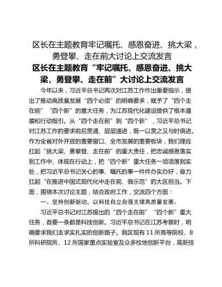 区长在主题教育牢记嘱托、感恩奋进、挑大梁，勇登攀、走在前大讨论上交流发言