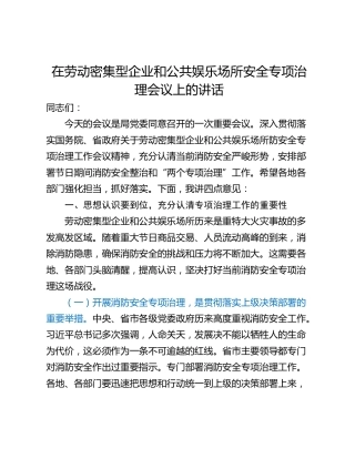 在劳动密集型企业和公共娱乐场所安全专项治理会议上的讲话