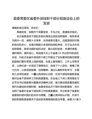 县委常委在省委外派挂职干部分组座谈会上的发言