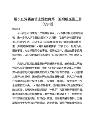 组长在党委监督主题教育第一巡视组巡视工作的讲话