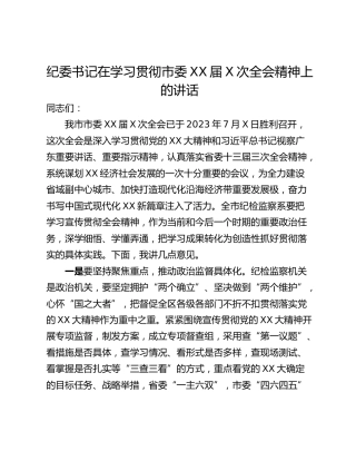 纪委书记在学习贯彻市委XX届X次全会精神上的讲话