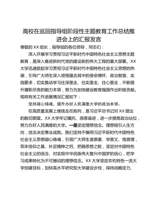 高校在巡回指导组阶段性主题教育工作总结推进会上的汇报发言