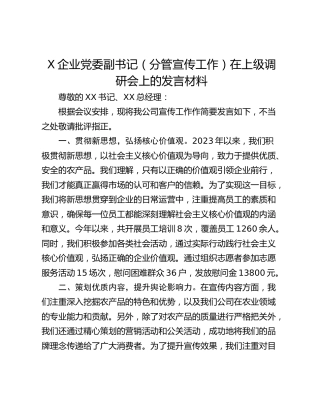 X企业党委副书记（分管宣传工作）在上级调研会上的发言材料