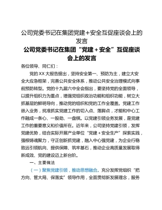 公司党委书记在集团党建安全互促座谈会上的发言