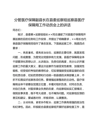 分管医疗保障副县长在县委巡察组巡察县医疗保障局工作动员会上的讲话