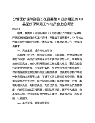 分管医疗保障副县长在县委第X巡察组巡察XX县医疗保障局工作动员会上的讲话