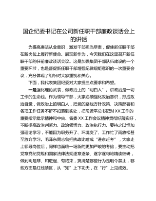 国企纪委书记在公司新任职干部廉政谈话会上的讲话