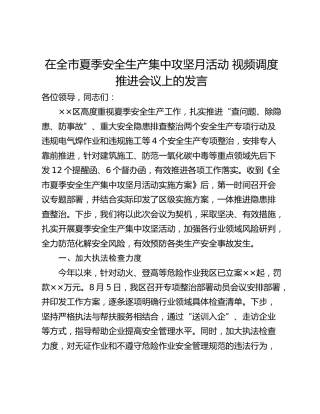 在全市夏季安全生产集中攻坚月活动 视频调度推进会议上的发言