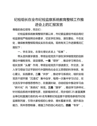 纪检组长在全市纪检监察系统教育整顿工作推进会上的汇报发言