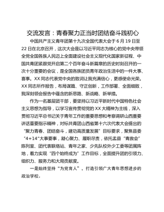 交流发言：青春聚力正当时团结奋斗践初心