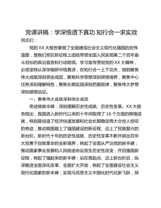 党课讲稿：学深悟透下真功 知行合一求实效