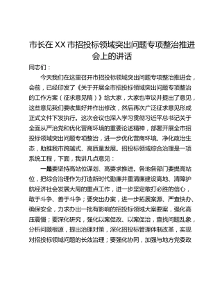 市长在XX市招投标领域突出问题专项整治推进会上的讲话