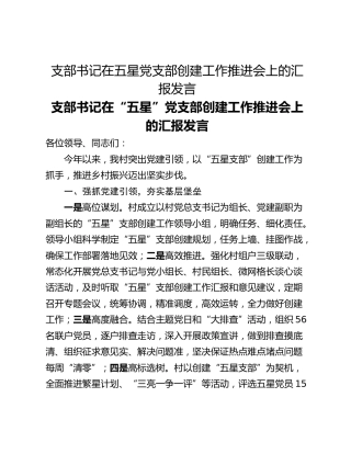 支部书记在五星党支部创建工作推进会上的汇报发言