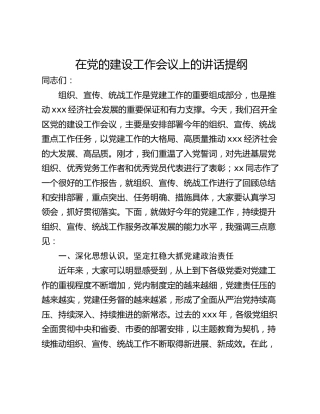 在党的建设工作会议上的讲话提纲