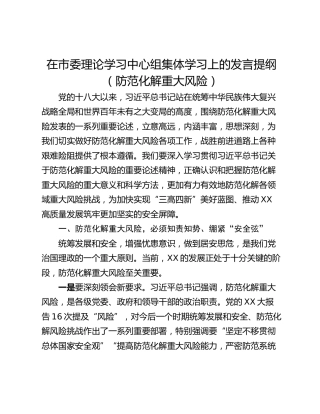 在市委理论学习中心组集体学习上的发言提纲（防范化解重大风险）