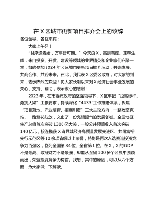 在X区城市更新项目推介会上的致辞