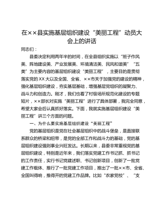 在××县实施基层组织建设“美丽工程”动员大会上的讲话