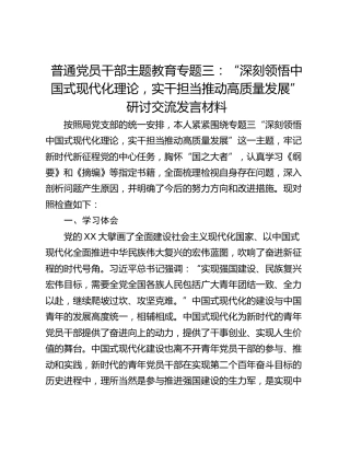 普通党员干部主题教育专题三：“深刻领悟中国式现代化理论，实干担当推动高质量发展”研讨交流发言材料