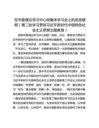在市委理论学习中心组集体学习会上的发言提纲（第二批学习贯彻习近平新时代中国特色社会主义思想主题教育）