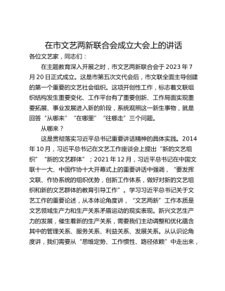 在市文艺两新联合会成立大会上的讲话