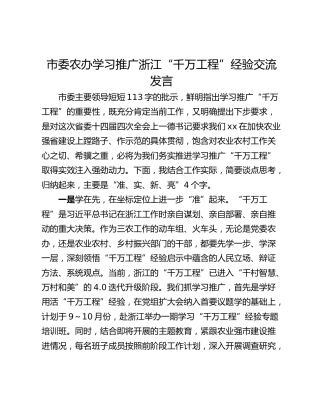 市委农办学习推广浙江“千万工程”经验交流发言