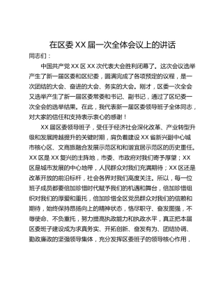 在区委XX届一次全体会议上的讲话