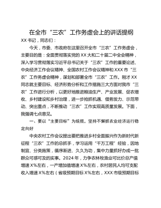 在全市“三农”工作务虚会上的讲话提纲