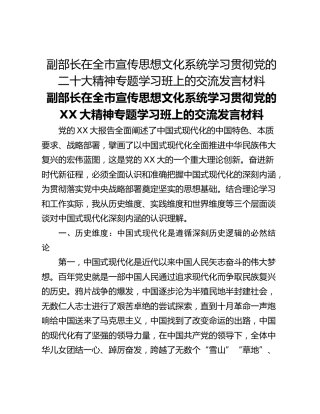 副部长在全市宣传思想文化系统学习贯彻党的二十大精神专题学习班上的交流发言材料