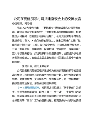 公司在党建引领村网共建座谈会上的交流发言
