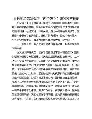 县长围绕忠诚捍卫“两个确立”研讨发言提纲