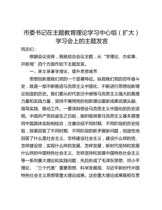 市委书记在主题教育理论学习中心组（扩大）学习会上的主题发言