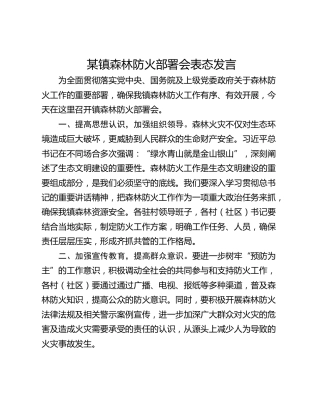 某镇森林防火部署会表态发言