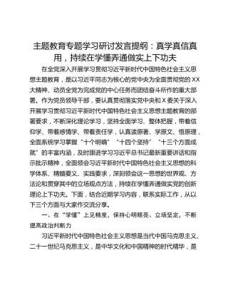 主题教育专题学习研讨发言提纲：真学真信真用，持续在学懂弄通做实上下功夫