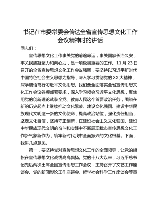 书记在市委常委会传达全省宣传思想文化工作会议精神时的讲话