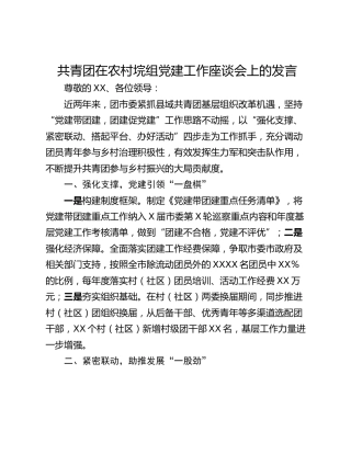 共青团在农村垸组党建工作座谈会上的发言