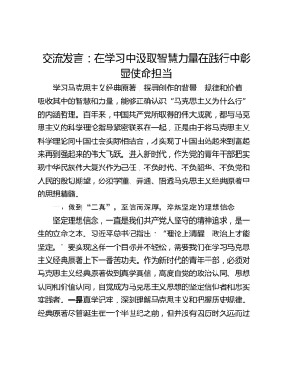 交流发言：在学习中汲取智慧力量在践行中彰显使命担当