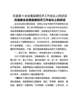 在县委X全会暨县委经济工作会议上的讲话