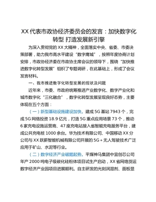 XX代表市政协经济委员会的发言：加快数字化转型 打造发展新引擎